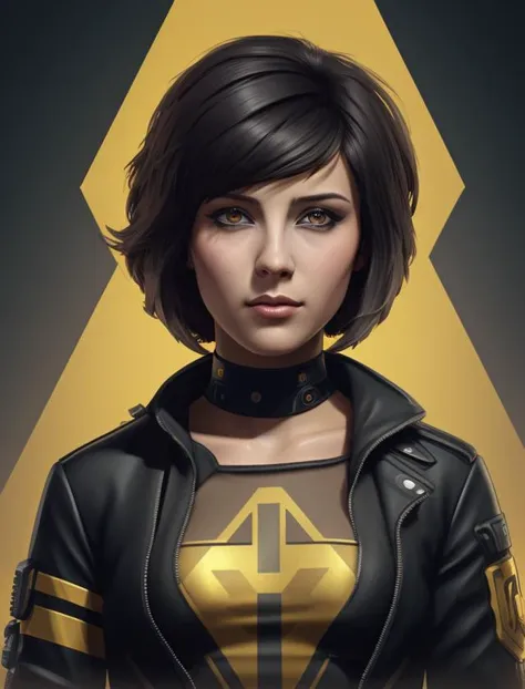 Indie game art,(closeup, a woman, shorthair, gold and black, cyberpunk  <lora:Nata Varley:0.7>), (Vector Art, Borderlands style, Arcane style, Cartoon style), Line art, Disctinct features, Hand drawn, Technical illustration, Graphic design, Vector graphics, High contrast, Precision artwork, Linear compositions, Scalable artwork, Digital art, cinematic sensual, Sharp focus, humorous illustration, big depth of field, Masterpiece, trending on artstation, Vivid colors, trending on ArtStation, trending on CGSociety, Intricate, Low Detail, dramatic