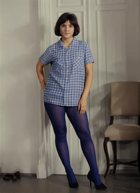 A full body professional photograph of a beautiful sexy girl natavarley, (detailed face:1.2), wearing a blue tights only, heels, shirt, short hair, skinny, (sexy legs:1.2), (sexy hips:1.1), in the room , (detailed face:1.4), (sharp focus, natural lighting, subsurface scattering, f2, 35mm, film grain),<lora:natavarley:0.8>