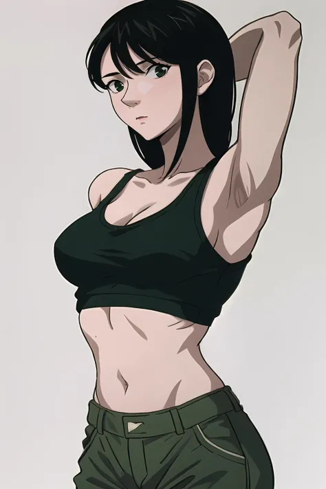 1girl, armpits, breasts, closed_mouth, crop_top, green_background, green_pants, grey_background, long_hair, looking_at_viewer, medium_breasts, midriff, navel, pants, simple_background, solo, standing, tank_top
