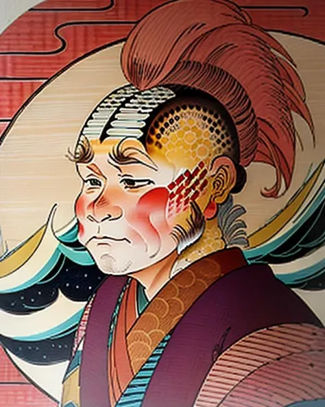 <lora:talaxian_lora:0.9>, talaxian, male, (neelix:1.2), close up, portrait, head and shoulders, (half length:1.2), wearing male kimono, brushed mohawk hair, muttonchops sideburns, (spots on hands:1.3), spots on skin, vertical indentation on tip of nose, long tufted eyebrows, skull ridges, ethan phillips, standing in a fancy lobby, (highly detailed:1.1), (ukiyo-e:1.3), art by TÅshÅ«sai Sharaku, japanese woodblock print