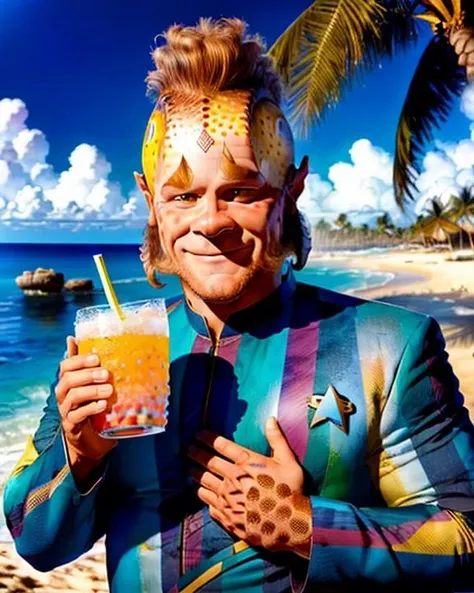 medium shot, illustration, half length, <lora:talaxian_lora:0.8>, talaxian, neelix, male, smiling expression, (spots on skin:1.2), (spots on hands:1.2), brushed mohawk hair, long tufted eyebrows, muttonchops beard, skull ridges, wearing blue suit, on the beach, perfect sunny day, palm trees, ocean, holding a tropical drink, highly detailed, detailed face, detailed eyes, artstation, pixiv, anime, ethan phillips, 8k