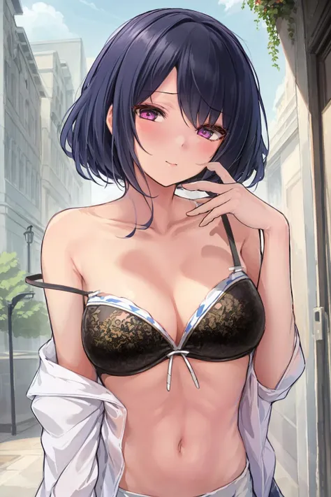 ((((ultra illustrated style:1.0)))),best quality,best animated,masterpiece,ray tracing, global illumination,strap slip,1girl, solo, standing, looking at viewer,bra,outdoors, upper body,<lora:strap slip_02:0.9>