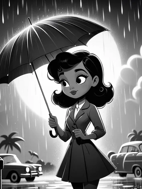 black and white vintage cartoon of girl with umbrella,dynamic pose, sketch,close-up, minimalism, abstract, Doodle sketch, cute and funny, simple background, dynamic angle,water drops, clouds,  heavy rain  <lora:BW_Vintage_Cartoon:0.8>