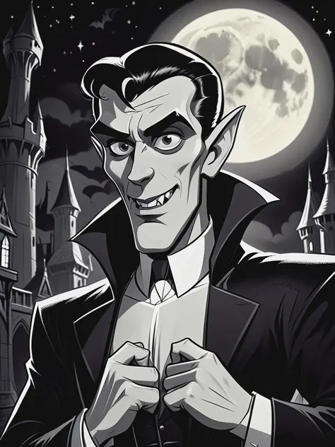 black and white vintage cartoon of waist and torso, vampire Count Dracula, piercing gaze fixed on the viewer with an aura of regal authority,  Sharp cheekbones and a chiseled jawline, pale complexion contrasts starkly against the darkness of his hair, which falls in tousled waves around his face, castle interior, action shot, dynamic pose, midnight, full moon,   <lora:BW_Vintage_Cartoon:0.8>