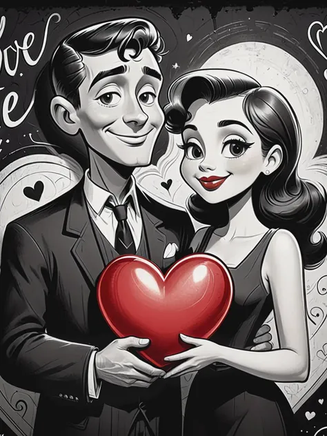 black and white vintage cartoon of extremely detailed Man with woman happy face , man holding big red heart with (text: "LOVE":1.2) on the black wall ,     <lora:BW_Vintage_Cartoon:0.8>