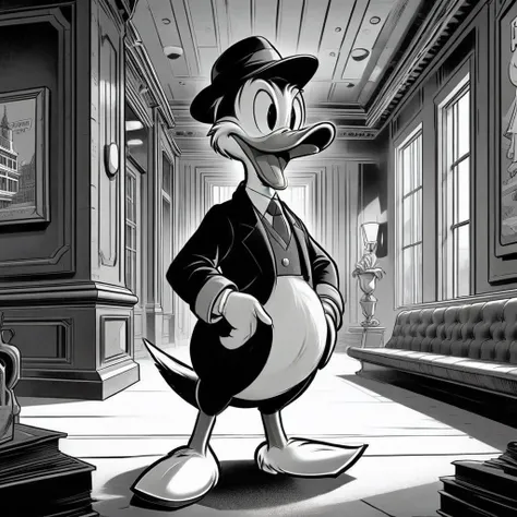 black and white vintage cartoon of a  a donald duck  in the building  <lora:BW_Vintage_Cartoon:1>