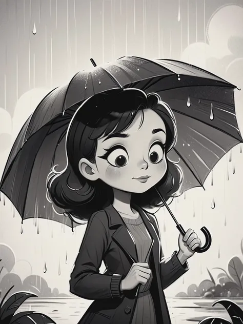 black and white vintage cartoon of girl with umbrella,dynamic pose, sketch,close-up, minimalism, abstract, Doodle sketch, cute and funny, simple background, dynamic angle,water drops, clouds, <lora:BW_Vintage_Cartoon:0.8>