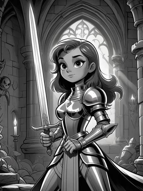 black and white vintage cartoon of girl knight, holding a sword, dazzling ,transparent , (1 arm up), waving sword, glowing armor, glowing eyes, full armor, hyper detailed, perfect anatomy, (in castle:1.2),  <lora:BW_Vintage_Cartoon:0.8>