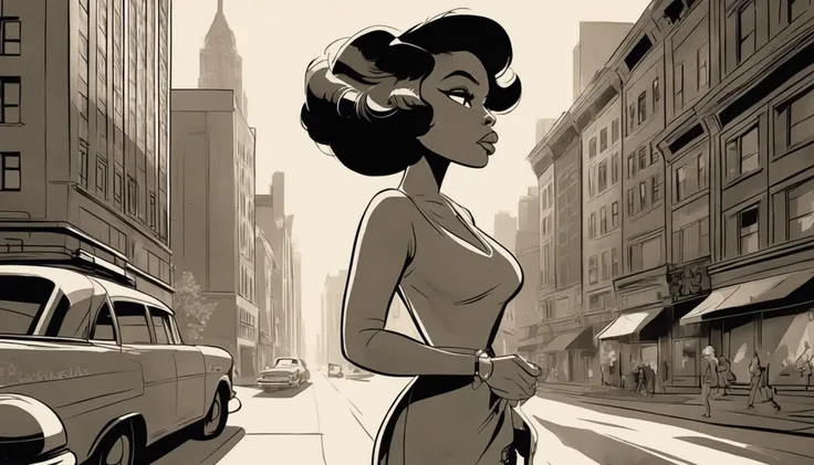a woman downtown <lora:BW_Vintage_Cartoon:1.0>