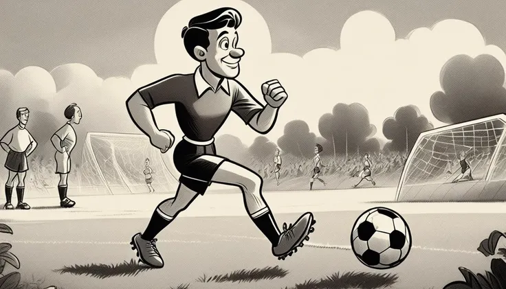 black and white vintage cartoon of a man playing soccer  in a soccer field <lora:BW_Vintage_Cartoon:1.0>