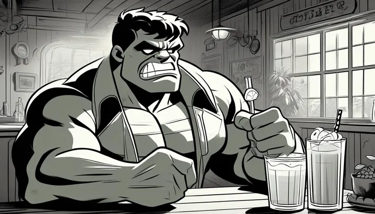 black and white vintage cartoon of hulk driking a mojito <lora:BW_Vintage_Cartoon:1.0>