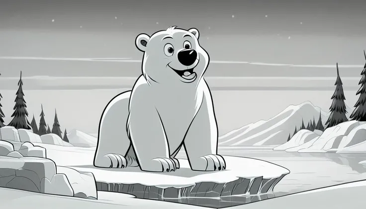 Black and white vintage cartoon of a polar bear on ice     <lora:BW_Vintage_Cartoon:1.0>