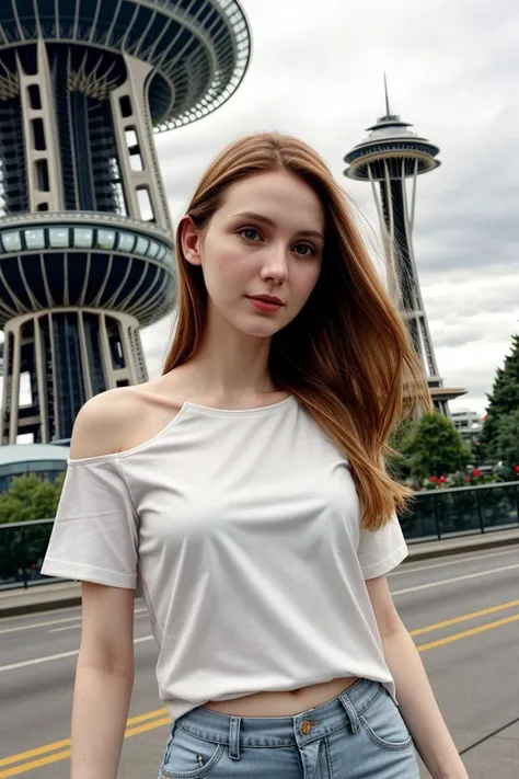 <lora:kawaii7.1.3_obj20:0.75:0.25>, European woman, closeup, sandals, (shirt), pants, (seattle space needle), ZM_sylvie, wide shoulders, perfect face, (contact iris: 1.1), pale skin, skin pores , depth of field