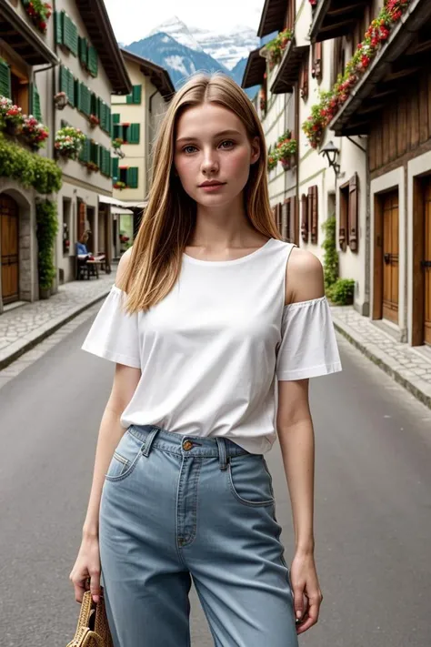 <lora:kawaii7.1.3_obj20:0.75:0.25>, European woman, closeup, sandals, (shirt), pants, (swiss village streetview), ZM_sylvie, wide shoulders, perfect face, (contact iris: 1.1), pale skin, skin pores , depth of field