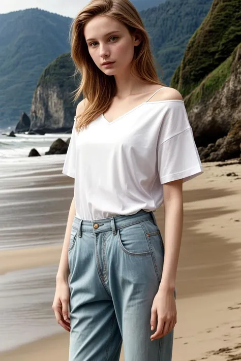 <lora:kawaii7.1.3_obj20:0.75:0.25>, European woman, closeup, sandals, (shirt), pants, (cannon beach), ZM_sylvie, wide shoulders, perfect face, (contact iris: 1.1), pale skin, skin pores , depth of field