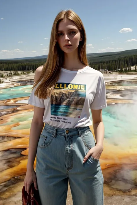 <lora:kawaii7.1.3_obj20:0.75:0.25>, European woman, closeup, sandals, (shirt), pants, (yellowstone), ZM_deanna, wide shoulders, perfect face, (contact iris: 1.1), pale skin, skin pores , depth of field