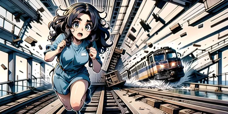 ((top quality, 8k wallpaper)),(masterpiece, best quality),extremely detailed,high definition,(official art:1.3),(((anime screencap,black outline))),<lora:more_details:0.3>, (perfect hands), (perfect fingers), 1girl, (solo:1.7), BREAK (parted bangs:1.6), <lora:ETO_OC:0.1> ETO-OC, <lora:ETO_OCC006:0.7>, ETO_OCC, (curly hair:1.3), (long hair), black hair, thick eyebrows, pale skin, curvy, (plump), (hazel eyes:1.3), mature female, BREAK <lora:escapeBridge:0.75>,fleeingBridge, fleeing on bridge, bridge, bridge breaking, crack, debris, destruction, fleeing, motion lines, motion blur, speed lines, running, railing, railroad tracks, (train:1.7), open mouth, surprised, sweat-drop, sweating, explosion, spark, jumping, (full body),