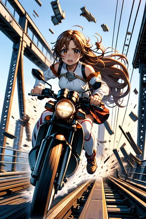 masterpiece,best quality,highly detailed,1girl,solo,serious,v-shaped eyebrows,sweat,sweatdrop,clenched teeth,
<lora:asuna_(sao)_v1:0.75>, aaasuna,long hair,brown hair,braid,brown eyes,bare shoulders,armor,breastplate,white sleeves,detached sleeves,red skirt,pleated skirt,white thighhighs,
BREAK
<lora:escapeBridge:0.75>,fleeingBridge,fleeing on bridge,bridge,breaking,crack,debris,destruction,fleeing,motion lines,motion blur,speed lines,riding,riding on motorcycle,railing,(((railroad tracks,train))),