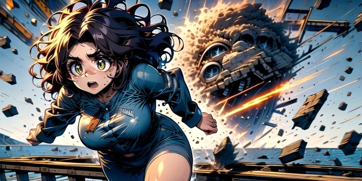 ((top quality, 8k wallpaper)),(masterpiece, best quality),extremely detailed,high definition,(official art:1.3),(((anime screencap,black outline))),<lora:more_details:0.3>, (perfect hands), (perfect fingers), 1girl, solo, BREAK (parted bangs:1.6), <lora:ETO_OC:0.2> ETO-OC, <lora:ETO_OCC006:0.7>, ETO_OCC, (curly hair:1.3), (long hair), black hair, thick eyebrows, pale skin, curvy, (plump), (hazel eyes:1.3), mature female, bdsm BREAK <lora:escapeBridge:0.75>,fleeingBridge,fleeing on bridge,bridge,breaking,crack,debris,destruction,fleeing,motion lines,motion blur,speed lines,running,railing,railroad tracks,train, open mouth, surprised,sweat-drop, sweating, explosions, sparks, <lora:r1ge - AnimeRage:1> r1ge, (cropped legs)