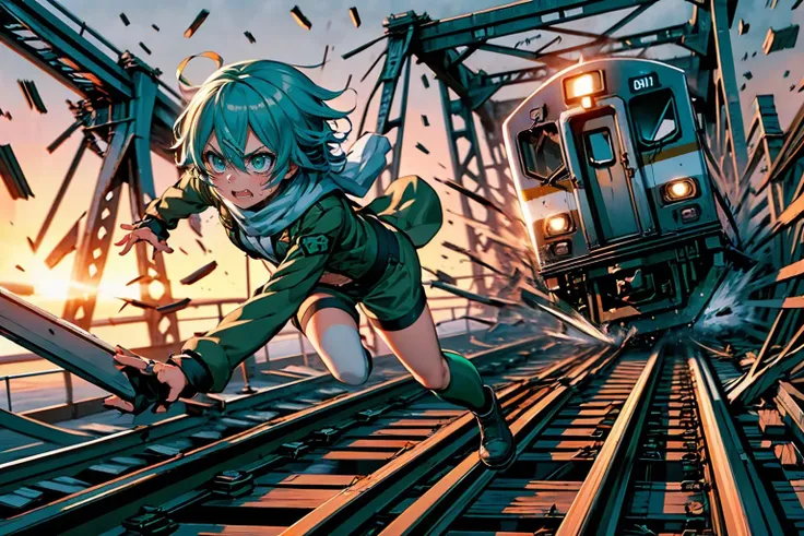 masterpiece,best quality,highly detailed,1girl,solo,serious,v-shaped eyebrows,sweat,sweatdrop,clenched teeth,
<lora:sinon_v5:0.75>,sinon1,scarf,fingerless gloves,long sleeves,short shorts,hair ornament,hairclip,green thighhighs,green jacket,thigh strap,
BREAK
<lora:escapeBridge:0.75>,fleeingBridge,fleeing on Bridge,bridge,debris,crack,destruction,fleeing,looking to viewer,(((leaning forward,close-up,running,train,railroad tracks))),from side,