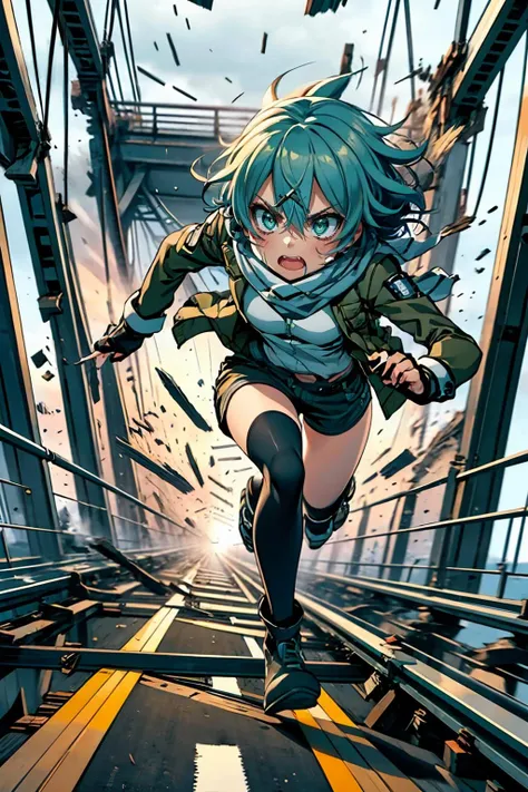 masterpiece,best quality,highly detailed,1girl,solo,serious,v-shaped eyebrows,sweat,sweatdrop,clenched teeth,
<lora:sinon_v5:0.75>,sinon1,scarf,fingerless gloves,long sleeves,short shorts,hair ornament,hairclip,green thighhighs,green jacket,thigh strap,
BREAK
<lora:escapeBridge:0.75>,fleeingBridge,fleeing on Bridge,bridge,debris,crack,destruction,fleeing,looking to viewer,(((leaning forward,close-up,running,road, street, speed lines))),from side,