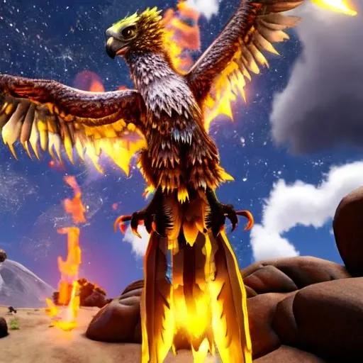 <lora:Phoenix-07:1>, fire, bird, phoenix, falcon, flying, looking at viewer, rear view, front view, rowling, tongue poking out, semirrealistic, desert, night sky, by Narse