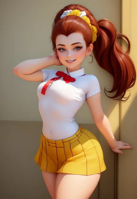 (masterpiece:1.4), (best quality:1.4), (high resolution:1.4), cartoon style, LuanLoud <lora:LuanLoud:1>, smile, brown hair, pale skin, cowboy shot, white shirt, yellow mini skirt, looking at viewer, detailed face, detailed eyes, small breasts, curvy, ribbon, ponytail, buckteet, artstation female body, from the front, dynamic pose, solo, 1girl, <lora:add_detail:0.7>