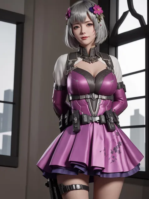 mature female,belt, arms behind back, cityscape,night,facial mark,close-up, indoors,window, 1girl,blush,skirt,thigh holster, tight strap,looking at viewer,standing,holster,hair ornament, hair flower, dress,<lora:yunyouyouLINGHUNWUZHE_20230706223325-000012:0.75>