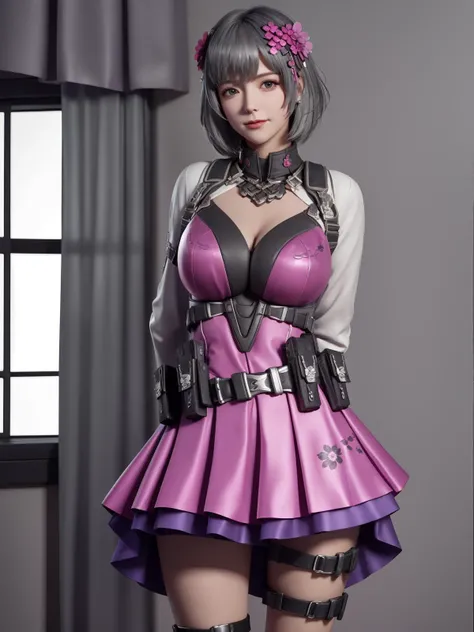 mature female,belt, arms behind back, cityscape,night,facial mark,close-up, indoors,window, 1girl,blush,skirt,thigh holster, tight strap,looking at viewer,standing,holster,hair ornament, hair flower, dress,<lora:yunyouyouLINGHUNWUZHE_20230706223325-000012:0.75>
