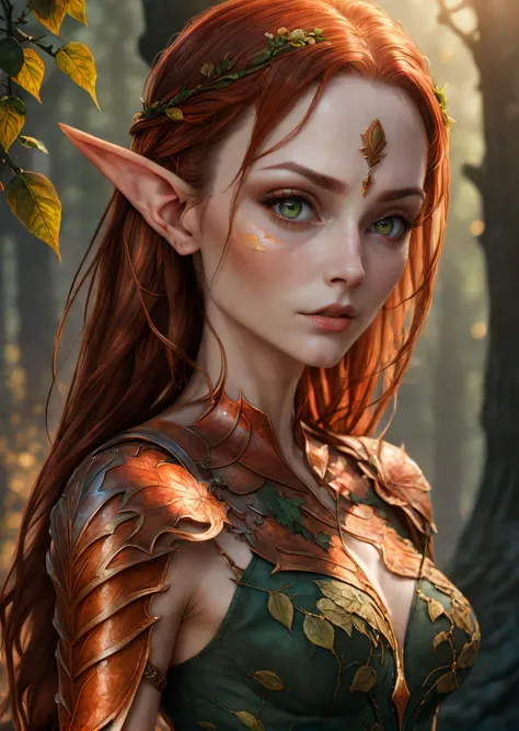 highly detailed, 4k, Wood Elf Ranger, (Female:1.5), Graceful and Lithe (Athletic Build:1.5), Emerald Eyes (Vibrant:1.5), Auburn Hair (Flowing:1.5), Coppery Silk, Leaf-Shaped Ornaments, Delicately Pointed Nose, Soft Rose Lips, Freckles (Subtle:1.25), Leather Armor (Vine Patterns:1.5), Calloused Hands, Long and Short Bows, Finely Crafted Shortsword, Fluid Grace in Movement, Harmony with Nature, (Sun-Kissed Skin:1.25), Keen Intelligence in Eyes, Engravings (Delicate:1.25), Connection to Wilderness, (Silent Footfalls:1.25), Harmonious Form, Vines (Intricate:1.5), Expertly Crafted Appearance, realistic, photo, film grain, dramatic lighting,, (gothic art style), highly detailed, evil alien overlord, furious:3, dynamic posture:2, high tech armor (glowing bright red and orange), facial expression, 32K, UHD, HDR, cinematic, cinematic image, intricate details, ultra-realism, dystopian palace, luxurious atmosphere, ultra-detailed, 32K, stunning image, IMAX, cinematic, award winning photography, intricate, low aperture (f1.2), dramatic lighting, cinematic composition, award-winning, professional, by (carlos kafu bazan), vibrant, <lora:SDXLNuclearBrushv2:1>