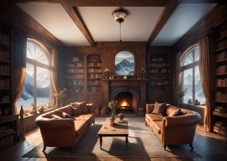 photograph by Max Rive, A striking living room interior, sofa furniture, a living room table, bookshelves, shelving, a fireplace, elegant interior design, perfect layout, consistent colors, moody, hazy, cinematic, surreal, highest resolution, high detail, intricate, best quality, masterpiece, golden ratio,  <lora:SDXLNuclearBrushv2:1>