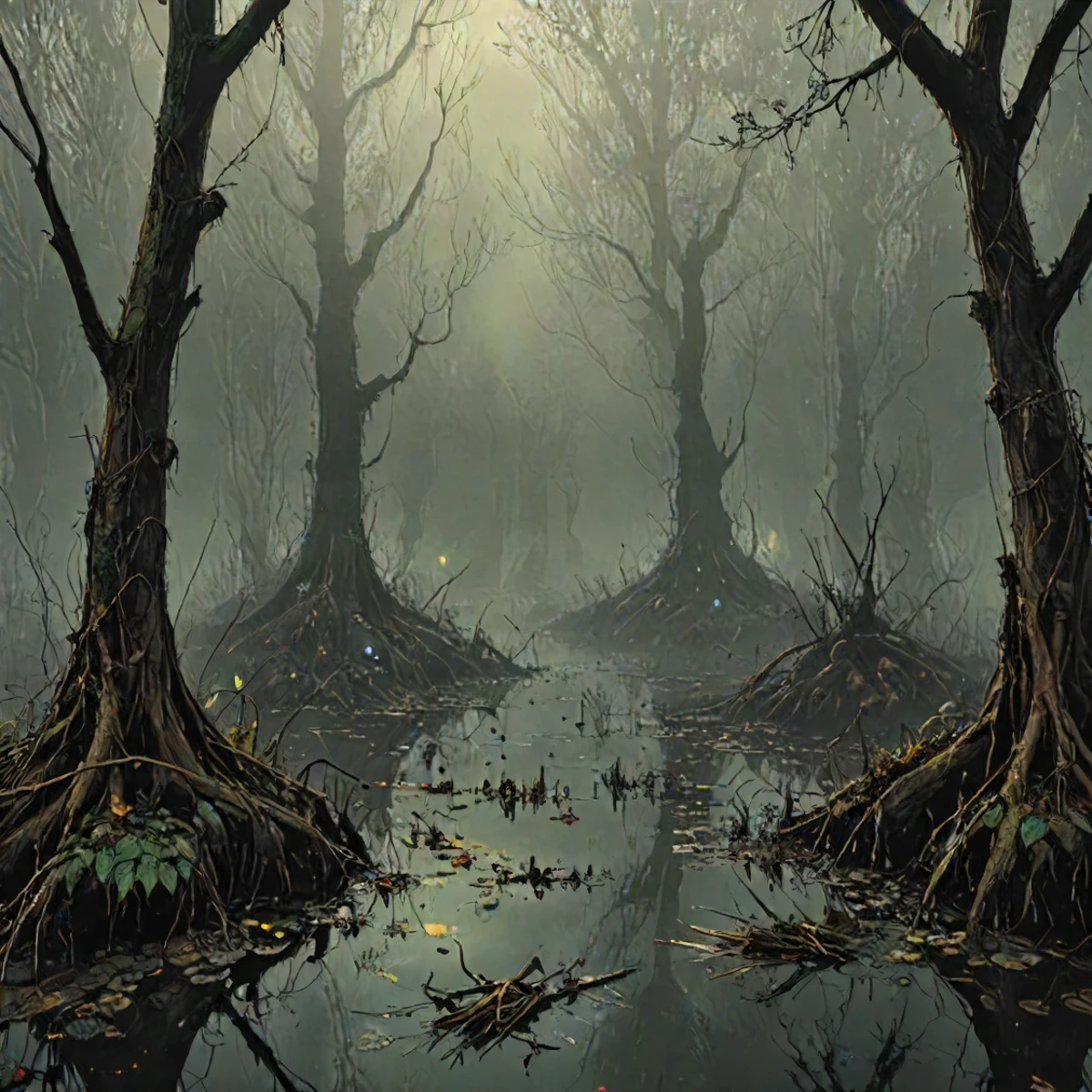 <lora:LCMTurboMix_Euler_A_fix:1> Tech Noir, A creepy, fog-filled swamp, with tangled branches and unseen creatures lurking., <lora:SDXLNuclearBrushv2:1> <lora:neg4all_bdsqlsz_xl_V9:1>