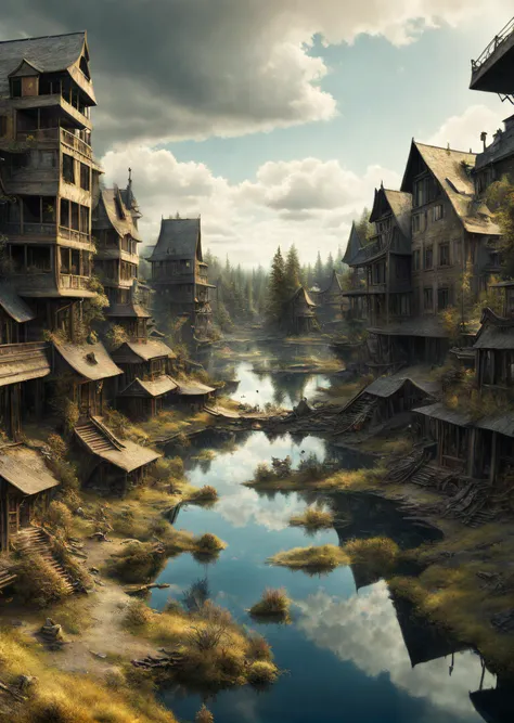 [art by Luke Fildes,art by James Gillray::3], Fractal, dense lake, Skilled "The Suburban of Macabre", tilt shift, Sketch, Joyful, Post-Apocalyptic, Motion blur,  <lora:SDXLNuclearBrushv2:0.5>