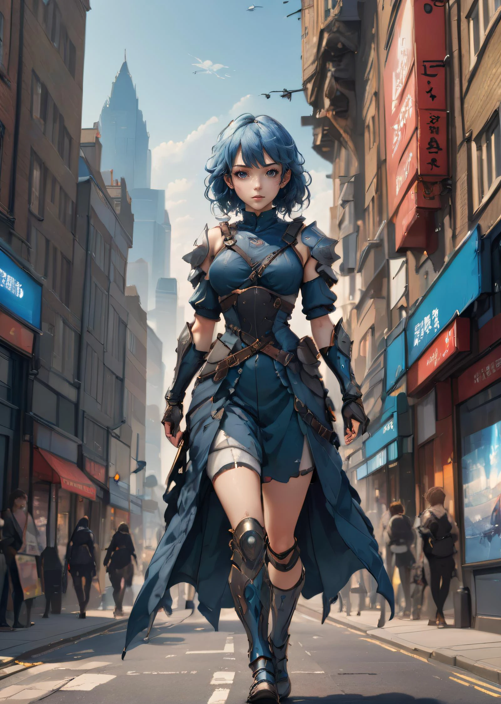 anime style, masterpiece, best quality, mid shot, front view, concept art, 1girl, warrior outfit, pretty, medium blue wavy hair, walking, curious, exploring city, london city street background, Fantasy theme, depth of field, global illumination, (epic composition, epic proportion), manga,, <lora:SDXLNuclearBrushv2:1>