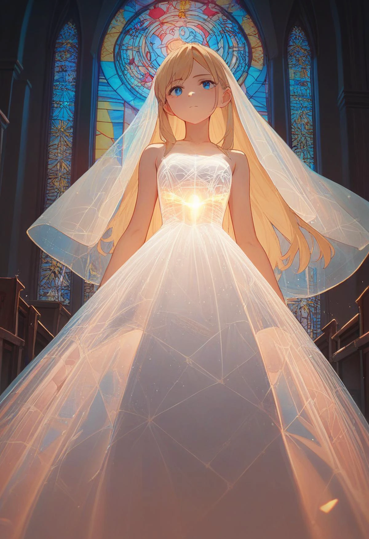 score_9, score_8_up, score_7_up, score_6_up, source_anime, <lora:laser_light_clothes_v0.5-pony:1>
1girl, long hair, blonde hair, blue eyes,
laser light dress, wedding dress,
church, stained glass, cowboy shot, laser light veil,