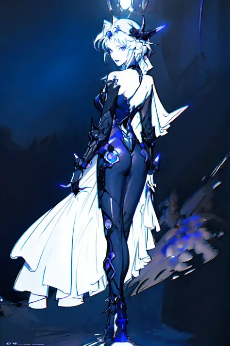 <lora:amano_yoshitaka_offset:1.25> amano yoshitaka, 1girl, dark theme, blue, white, <lora:BiancaPGR-Stigmata:0.75> Biancapgr_stigmata, purple eyes, black bodysuit, black collar, gauntlets, headgear, blue lipstick, veil, high heels, sharp focus, illustration, view from behind