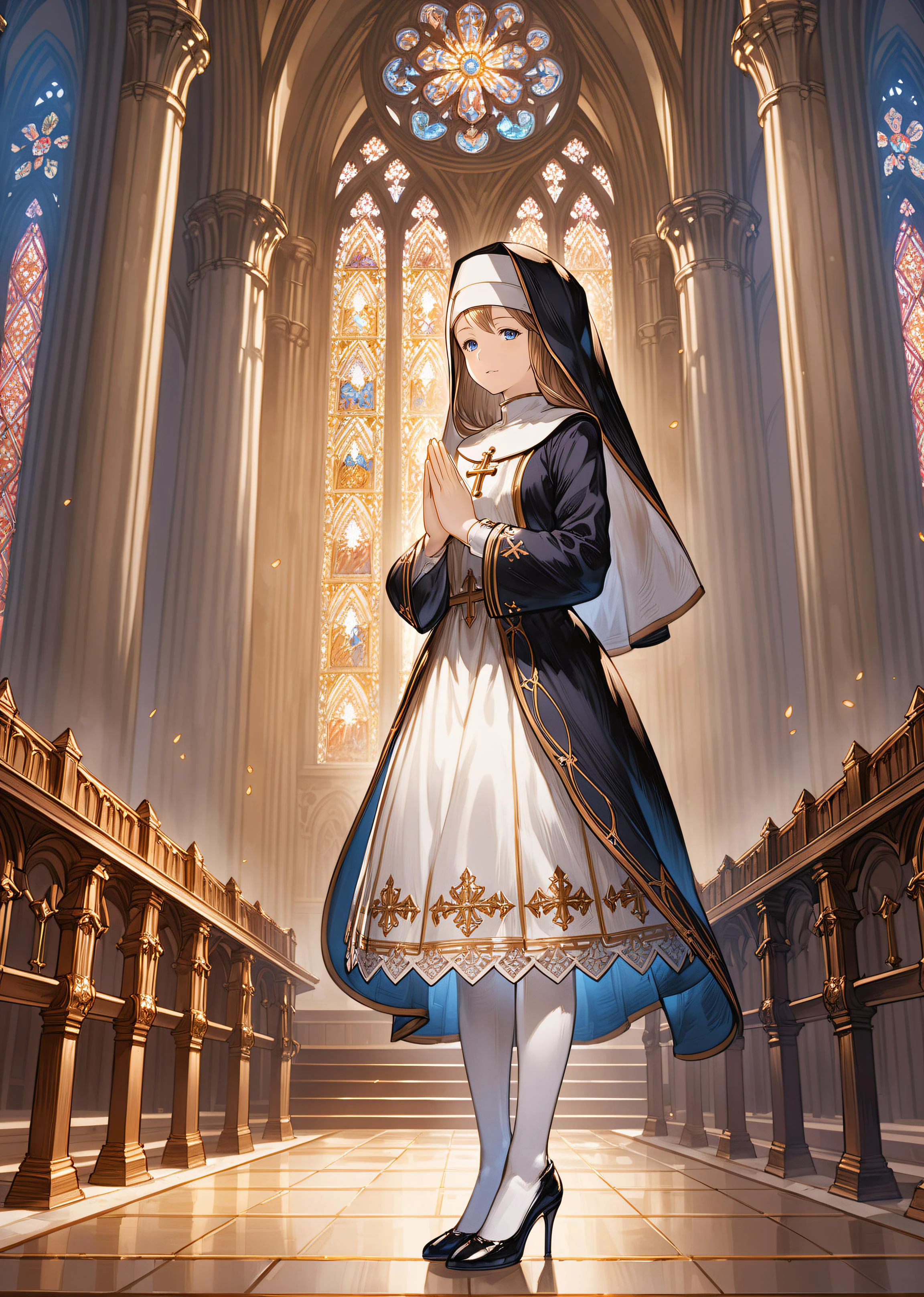 <lora:granblue_fantasy_style_xl:1>,granblue_fantasy_style_xl,granblue,((masterpiece)),<lora:add-detail-xl:0.8>,<lora:detailed_notrigger:0.7>,ultra detailedd,wallpaper,extremely detailed eyes and face,beautiful detailed eyes,((best quality)),highres,1 girl,(solo),white stockings,nun uniform,(black high heels),standing in cathedral,score_9,score_8_up,score_7_up,score_6_up,anime,cinematic lighting,amazing quality,amazing shading,detailed Illustration,official artwork,wallpaper,official art,shaped hands,<lora:HandFineTuning_XL:0.6>,(detailed skin:1.1),interlocked fingers,praying,