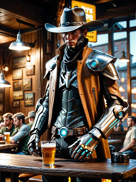 masterpiece,best quality,<lora:detailed_notrigger:0.8>,<lora:add-detail-xl:0.8>,ultra detailed,8k,1 boy,solo,desert cloak,cowboy,human face,drinking a beer,cyborg,leather Cowboy hat,machanical arms,high tech,detailed,technological,science fiction,robotics,walking,realistic art style,cinematic film still,indoors,in a country pub,machanical hands,depth of field,highres,Cinematic Lighting,<lora:HandFineTuning_XL:1>,