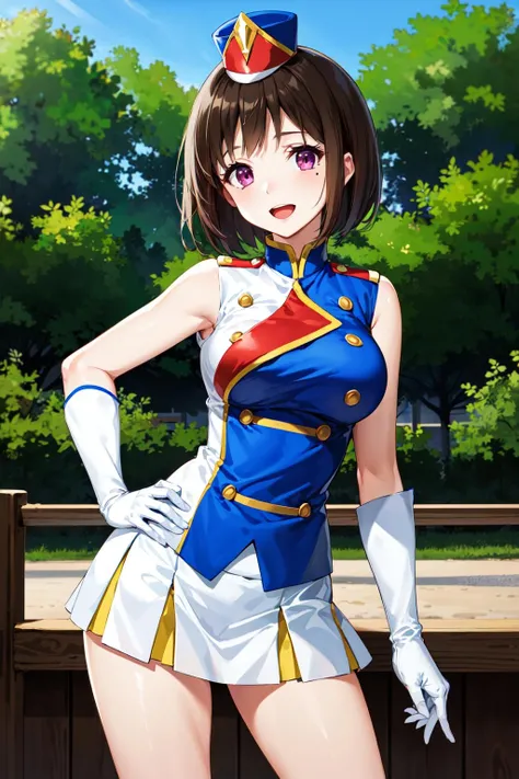 masterpiece, best quality, highres, 1girl, solo, brown hair, short hair, purple eyes, mole under eye, hat, band uniform, sleeveless, white gloves, pleated skirt, knee boots, <lora:nakaseko_kaori_v1:0.7>, cowboy shot, hand on hip, smile, open mouth, outdoors
