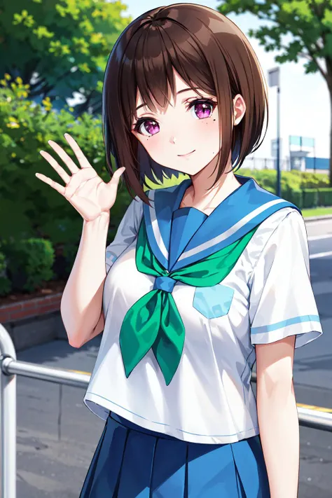 masterpiece, best quality, highres, 1girl, solo, brown hair, short hair, purple eyes, mole under eye, school uniform, white shirt, blue sailor collar, green neckerchief, short sleeves, blue skirt, <lora:nakaseko_kaori_v1:0.7>, smile, waving,