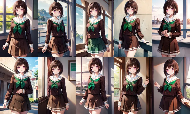 masterpiece, best quality, highres, 1girl, solo, brown hair, short hair, purple eyes, mole under eye, school uniform, brown shirt, white sailor collar, green neckerchief, long sleeves, brown skirt, <lora:nakaseko_kaori_v1:0.7>, cowboy shot, standing, smile