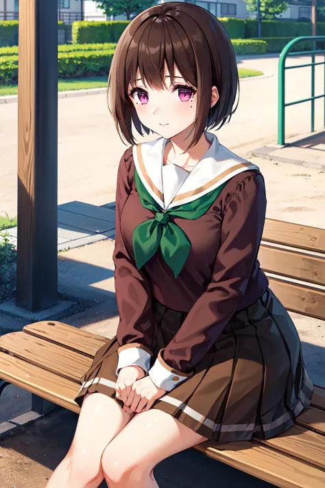 masterpiece, best quality, highres, 1girl, solo, brown hair, short hair, purple eyes, mole under eye, school uniform, brown shirt, white sailor collar, green neckerchief, long sleeves, brown skirt, <lora:nakaseko_kaori_v1:0.7>, sitting, bench, outdoors,