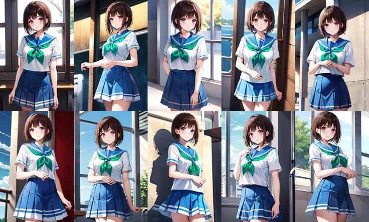 masterpiece, best quality, highres, 1girl, solo, brown hair, short hair, purple eyes, mole under eye, school uniform, white shirt, blue sailor collar, green neckerchief, short sleeves, blue skirt, <lora:nakaseko_kaori_v1:0.7>, cowboy shot, standing,
