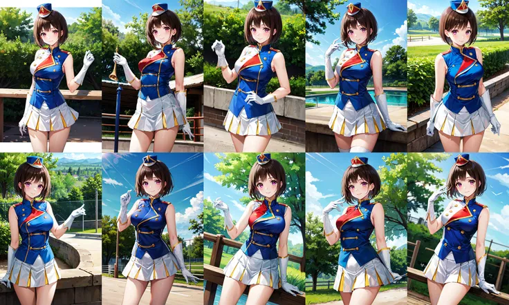 masterpiece, best quality, highres, 1girl, solo, brown hair, short hair, purple eyes, mole under eye, hat, band uniform, sleeveless, white gloves, pleated skirt, knee boots, <lora:nakaseko_kaori_v1:0.7>, cowboy shot, standing, smile, outdoors