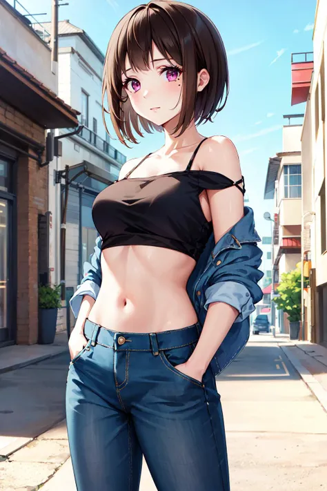 masterpiece, best quality, highres, 1girl, solo, brown hair, short hair, purple eyes, mole under eye, <lora:nakaseko_kaori_v1:0.7>, cowboy shot, crop top, off shoulder, jeans, hands in pockets, street,