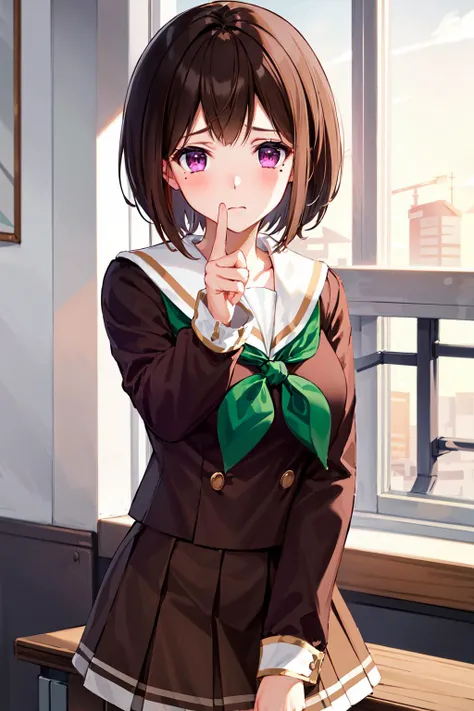 masterpiece, best quality, highres, 1girl, solo, brown hair, short hair, purple eyes, mole under eye, school uniform, brown shirt, white sailor collar, green neckerchief, long sleeves, brown skirt, <lora:nakaseko_kaori_v1:0.7>, frown, pointing