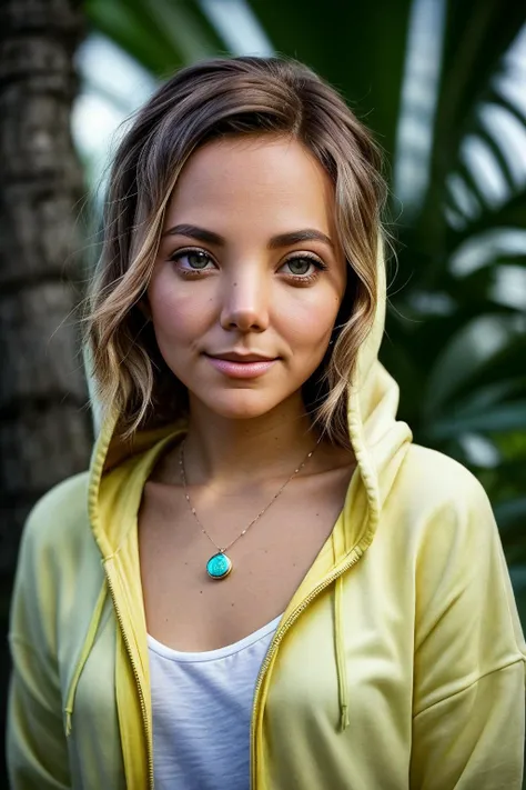 photo of beautiful (katclov), a woman with perfect hair, wearing Taxi Cab Yellow (hoodie:1.1), (A sustainable eco-resort nestled in a tropical rainforest, offering modern treehouse accommodations and nature hikes:1.1), smiling, necklace, modelshoot style, (extremely detailed CG unity 8k wallpaper), professional majestic photography, (Leica M6 Camera), 24mm, exposure blend, hdr, faded, extremely intricate, High (Detail:1.1), Sharp focus, dramatic, soft cinematic light, (looking at viewer), (detailed pupils), 4k textures, elegant, ((((cinematic look)))), soothing tones, insane details, hyperdetailed, low contrast, (epicPhoto)