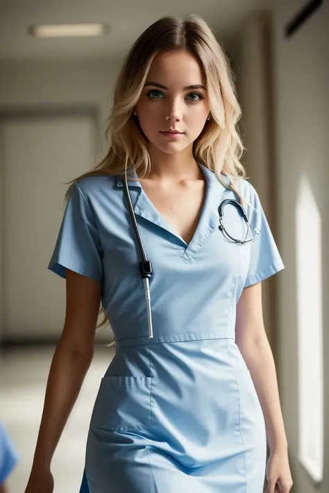 photo of 18 years old (katclov:0.85), a woman, (walking walking in a hospital), modelshoot style, (extremely detailed CG unity 8k wallpaper), photo of the most beautiful artwork in the world, professional majestic (photography by Steve McCurry), 8k uhd, dslr, soft lighting, high quality, film grain, Fujifilm XT3 sharp focus, f 5.6, High Detail, Sharp focus, dramatic, (wearing nurse dress), (looking at viewer:1.2), (detailed pupils:1.3), (natural light), (medium-long shot:1.2), (blond hair)