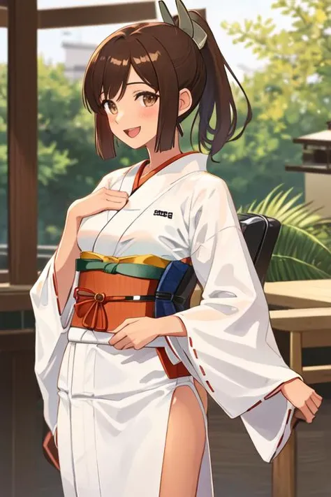 best quality, masterpiece, highres, solo, {white kimono:1.35}, {red hakama:1.35}, {wide sleeves:1.20}, {i_401_kantaicollection:1.15}, brown_hair, ponytail, brown_eyes, short_hair, tan, swimsuit, school_swimsuit, blush, short_ponytail, hair_ornament, one-piece_swimsuit, smile, open_mouth