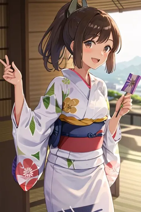 best quality, masterpiece, highres, solo, {yukata:1.40}, {kimono:1.20}, {i_401_kantaicollection:1.15}, brown_hair, ponytail, brown_eyes, short_hair, tan, swimsuit, school_swimsuit, blush, short_ponytail, hair_ornament, one-piece_swimsuit, smile, open_mouth